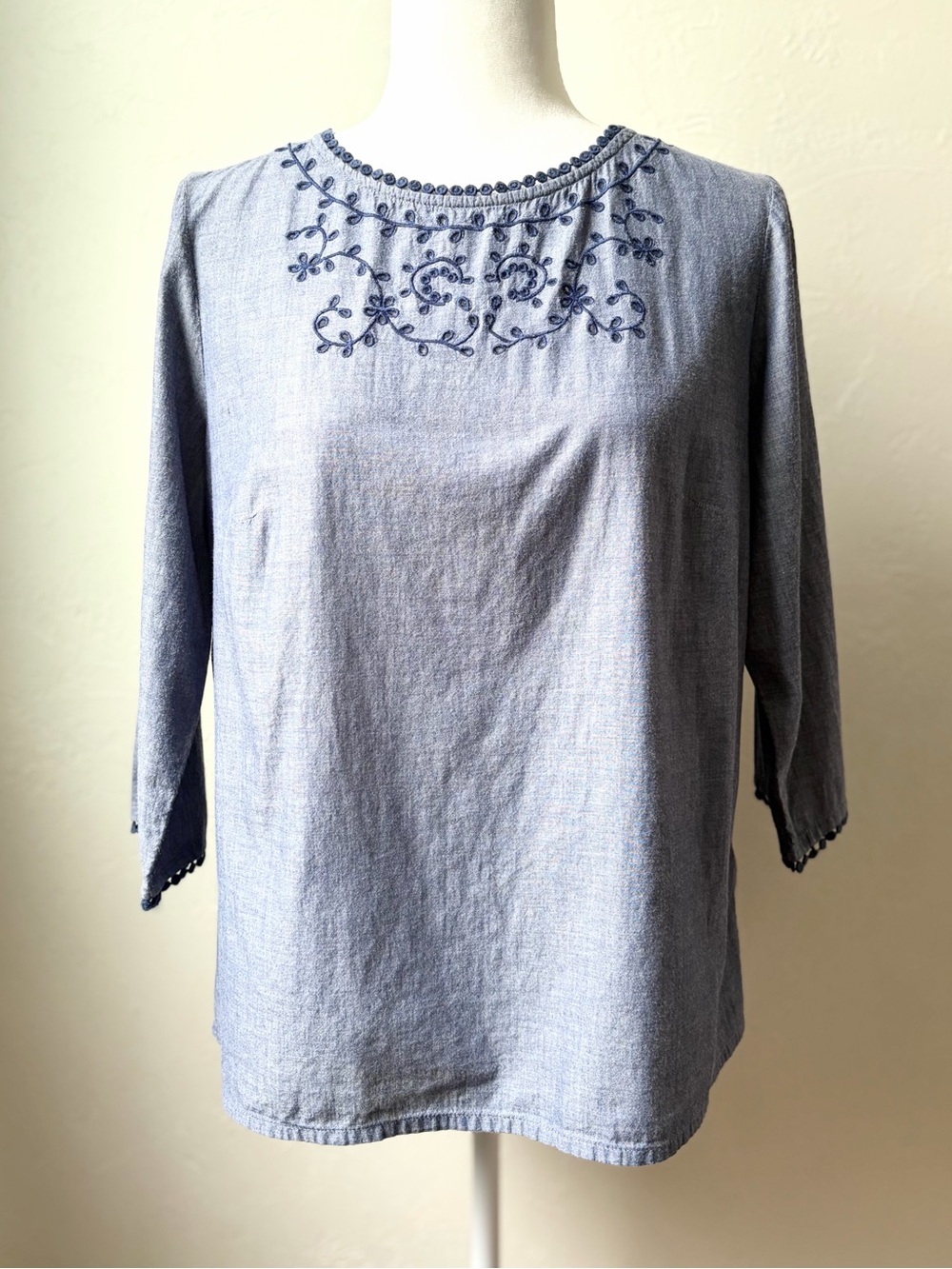 Talbots Petite Embroidered Chambray Cotton Peasant Blouse Blue Mp